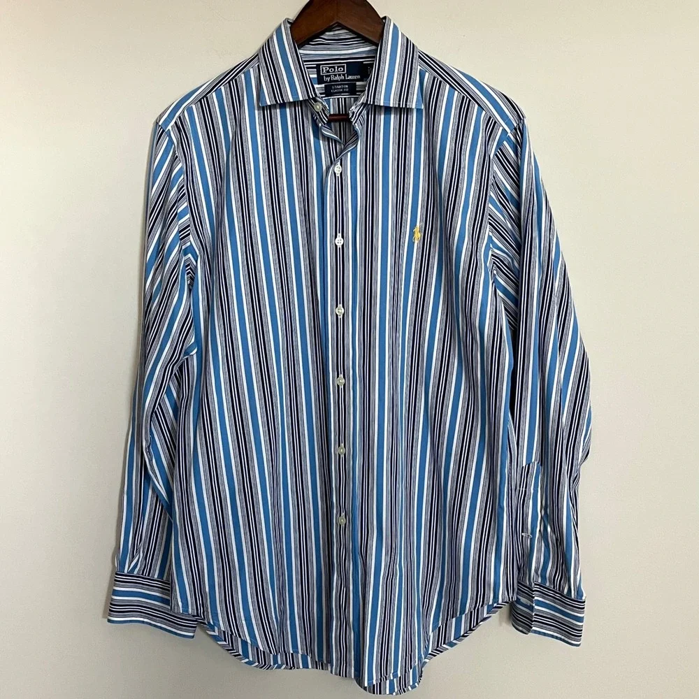 Polo Ralph Lauren Stanton Classic Fit Blue White Stripe Mens Shirt Medium